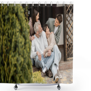 Personality  Cheerful Kids Hugging And Talking To Middle Aged Parents While Sitting Together On Porch Of House And Celebrating Parents Day In June, Family Traditions And Celebrations Concept Shower Curtains