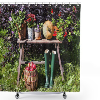 Personality  Autumn Harvest. Vegetables On The Bench Shower Curtains