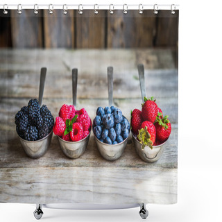 Personality  Mix Of Fresh Berries On Rustic Background Shower Curtains