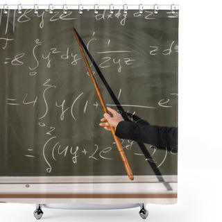 Personality  Cropped View Of Female Teacher With Wooden Pointer Explaining Mathematical Equations In Classroom Shower Curtains