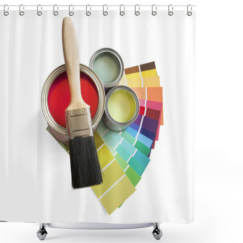 Personality  Coloured Swatches And Paint Pot And Paintbrush On White Background Shower Curtains