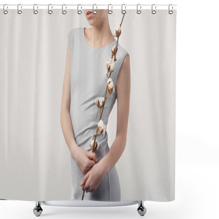 Personality  Cropped Shot Of Young Woman In Grey Dress With Cotton Branch Isolated On White Shower Curtains