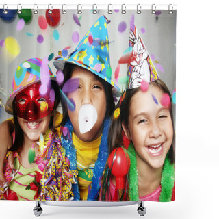 Personality  Three Funny Carnival Kids Portrait Enjoying Together. Shower Curtains