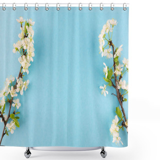 Personality  Spring Flowering Trees. Spring Concept, Opening, Template.White Cherry Blossom On Pastel Blue Background With Copy Space. Shower Curtains