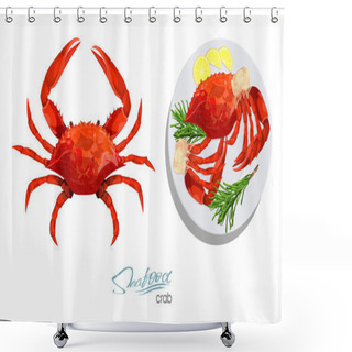 Personality  Crab Isolated On White Background. Meat Crab With Rosemary And Lemon On The Plate.Vector Illustrationin Cartoon Style. Seafood Product Design. Edible Sea Food. Vector Illustration Shower Curtains