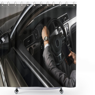 Personality  Cropped View Of Elegant Professional With Wristwatch In Stylish Suit Behind Steering Wheel, Business Shower Curtains
