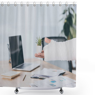 Personality  Cropped View Of Man With Broken Arm Holding Small Plant Pot Over Table With Documents On Background In Office, Compensation Concept Shower Curtains