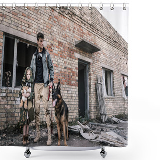 Personality  Handsome Man Standing With Kid And German Shepherd Dog Near Abandoned Building, Post Apocalyptic Concept Shower Curtains