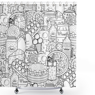 Personality  Doodle Food Black And White Seamless Pattern. Groceries Coloring Page Shower Curtains