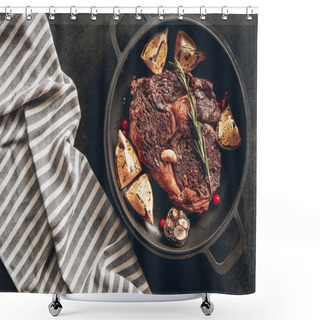 Personality  Top View Of Cooked Steak With Lemons And Berries On Frying Pan, Tablecloth On Surface In Kitchen Shower Curtains