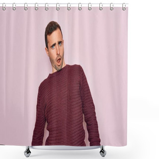 Personality  Young Handsome Man With Blue Eyes Wearing Casual Sweater Standing Over Pink Background In Shock Face, Looking Skeptical And Sarcastic, Surprised With Open Mouth Shower Curtains