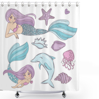 Personality  MERMAID OCEAN Cartoon Travel Tropical Vector Illustration Set For Print, Fabric And Decoration. Shower Curtains