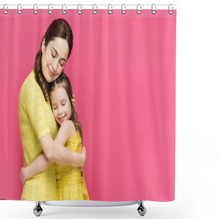 Personality  Cheerful Mother And Daughter With Closed Eyes Hugging Isolated On Pink  Shower Curtains