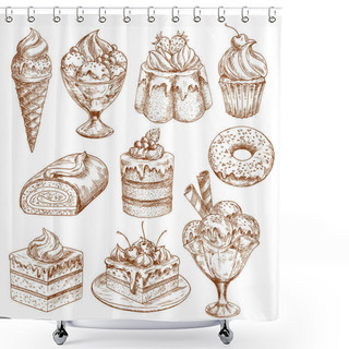 Personality  Bakery Shop Sketch Icons Of Vector Pastry Desserts Shower Curtains
