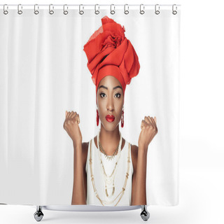 Personality  Stylish African American Woman Isolated In Wire Head Wrap And Golden Accessories On White Shower Curtains