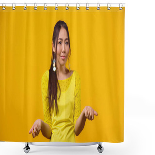 Personality  Confused Asian Woman Showing Shrug Gesture Isolated On Yellow Shower Curtains