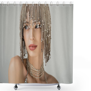 Personality  Pretty Young Model With Naked Shoulders And Rhinestones On Headwear Isolated On Grey  Shower Curtains