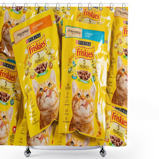 Personality  July 2023. Dnipro, Ukraine: Many Friskies Packs Of Pets Meal. Friskies Owned By Nestle Purina PetCare Company, A Subsidiary Of Nestle Global. Shower Curtains