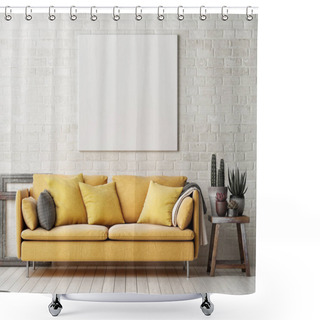 Personality  Mock Up Poster With Yellow Sofa, Cactus And Wooden Frame Shower Curtains