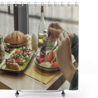 Personality  Cropped Shot Of Person Eating Healthy Tasty Breakfast  Shower Curtains
