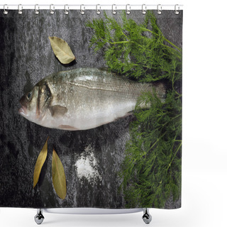 Personality  Fresh Sea Bass Fish Cooking With Greens On Black Background, Top View, Closeup Shower Curtains