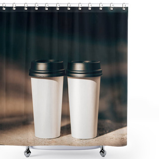 Personality  Two White Craft Cups Of Coffee To Go Closeup  Shower Curtains