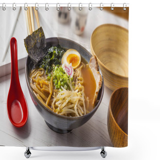 Personality  Miso Ramen Asian Noodles With Meat And Egg In Bowl On White Wood Shower Curtains