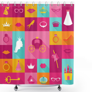 Personality  Priness Flat Icons Set - Crown, Lips, Rings, Hats - In Vector Shower Curtains