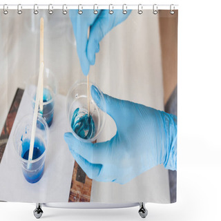 Personality  Mixing Process Of Two Resin Components For Creativity, Gloved Hands, Resin Art Master Class Shower Curtains