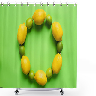Personality  Top View Of Ripe Lemons And Limes Arranged In Round Empty Frame On Green Background Shower Curtains