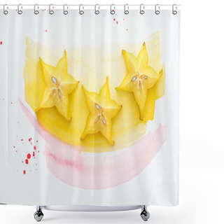 Personality  Top View Of Three Ripe Star Fruits On White Surface With Yellow And Pink Watercolors Shower Curtains