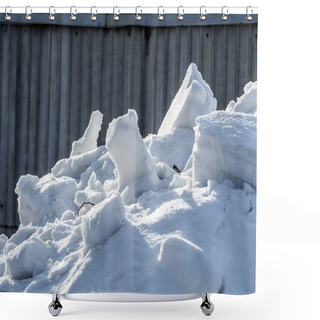 Personality  Snowdrift And Clumps Of Snow Near The Fence Illuminated By The Spring Sun Shower Curtains