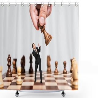 Personality  Cropped View Of Man Playing Chess And Frightened Marionette Looking At Figure Isolated On Grey Shower Curtains