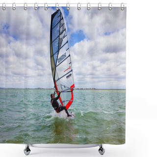 Personality  Man Riding A Windsurfing, Huge Bright Sail, Waves, Strong Wind, Adrenaline Shower Curtains