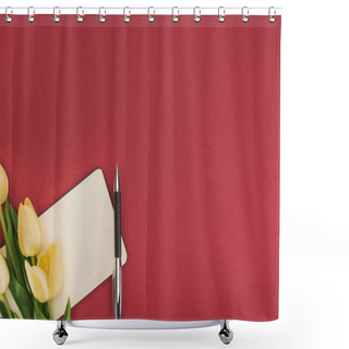 Personality  Top View Of Tulips And Empty Notebook With Pen Isolated On Red Shower Curtains