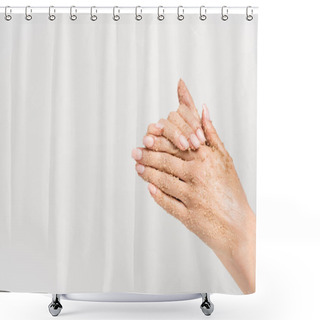 Personality  Partial View Of Woman Applying Scrub On Hands Isolated On White Shower Curtains