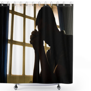 Personality  Silhouette Of Man Praying With Rectangular Window Frames Background Shower Curtains