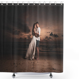 Personality  Attractive Romantic Young Couple On The Sandy Tropical Beach During Beautiful Sunset Shower Curtains