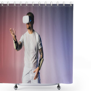 Personality  A Man In A Virtual Reality Headset Poses In A Studio Wearing A White Shirt And White Shorts. Shower Curtains