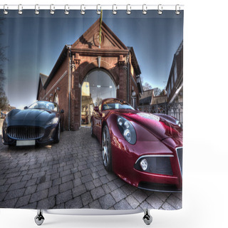 Personality  2 Sport Cars Parked Parked Outside A Building Shower Curtains