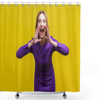 Personality  Attention! Portrait Of Aggressive Woman Holding Her Hands Near W Shower Curtains