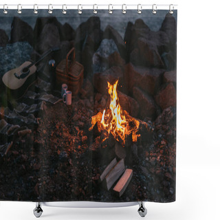 Personality  Burning Bonfire Near Plaid Blanket, Wicker Basket, Cups And Acoustic Guitar  Shower Curtains