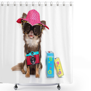 Personality  Chihuahua Dog Looking So Cool With Fancy Sunglasses  And Photo Camera Ready For Summer Vacation, Isolated On White Background With Luggage Shower Curtains