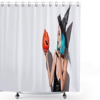 Personality  Panoramic Shot Of Sexy Girl In Black Witch Halloween Costume With Blue Hair Blowing Kiss To Spooky Carved Pumpkin On White Background Shower Curtains