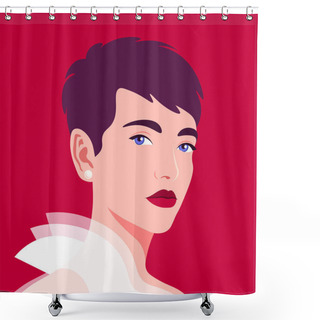 Personality  Portrait Of A Beautiful Girl In Half-turn. Young Brunette Woman. Avatar For Social Networks. Fashion And Beauty. Bright Vector Illustration In Flat Style. Shower Curtains