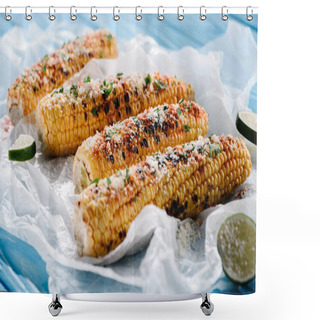 Personality  Close Up View Of Grilled Corn With Lime Slices On Baking Paper On Wooden Table  Shower Curtains