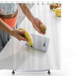 Personality  Cropped View Of Woman Holding Banana And Kiwi Near Food Scales Shower Curtains