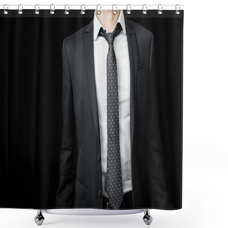 Personality  Man In Suit On A Black Background Shower Curtains