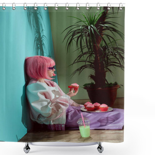 Personality  Side View Of Stylish Girl In Pink Wig Eating Cupcakes While Sitting On Floor Shower Curtains