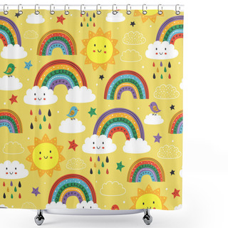 Personality  Yellow Seamless Pattern With Cute Rainbow, Cloud, Bird And Sun - Vector Illustration, Eps     Shower Curtains